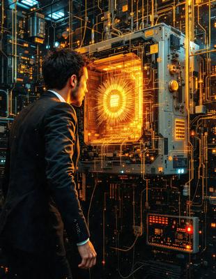 The primary subject of the image is a man wearing a suit and tie, standing in front of a large computer screen. The setting appears to be a futuristic environment, with the man being the main focus of the scene. The visual style of the image is a combination of photo and digital art, creating a unique and intriguing atmosphere. The colors and mood of the image are predominantly dark and mysterious, with the man and the computer screen being the main sources of light and interest.